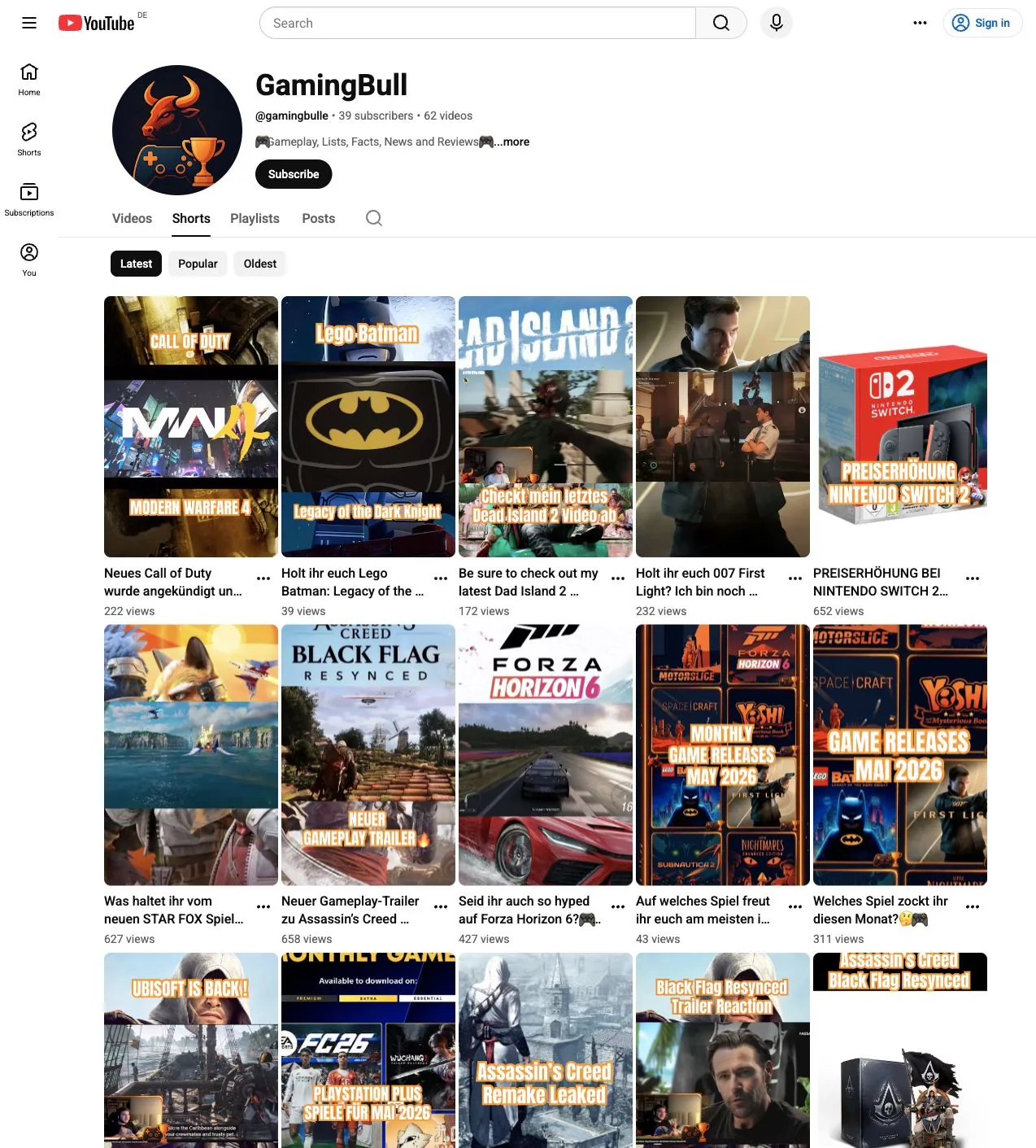 Screenshot der Gaming Bulle Shorts-Übersicht