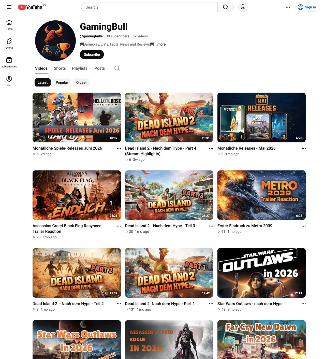Screenshot der Gaming Bulle Video-Übersicht