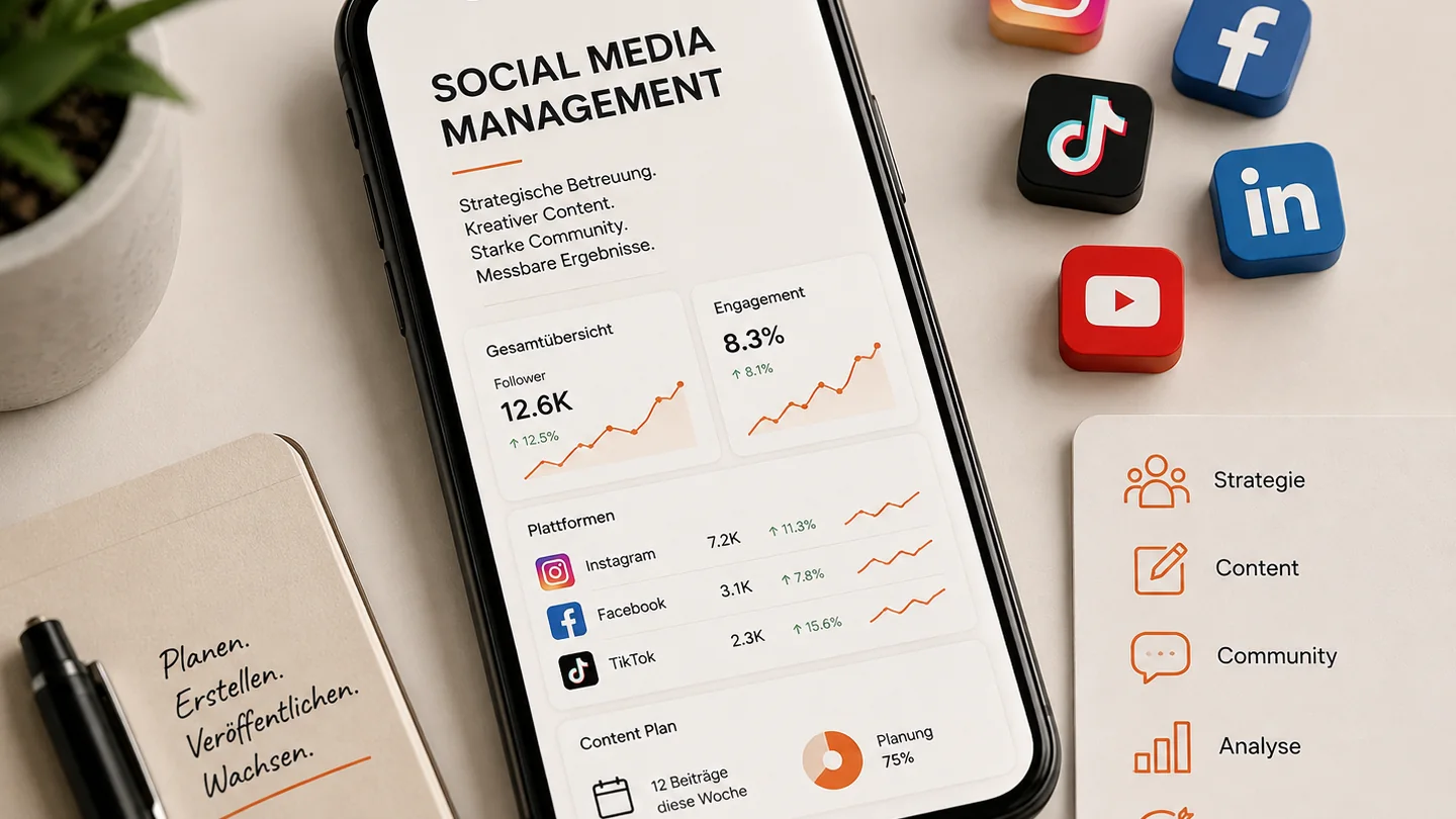 Smartphone mit Social-Media-Analysen und Plattform-Icons für Instagram, Facebook, TikTok und YouTube